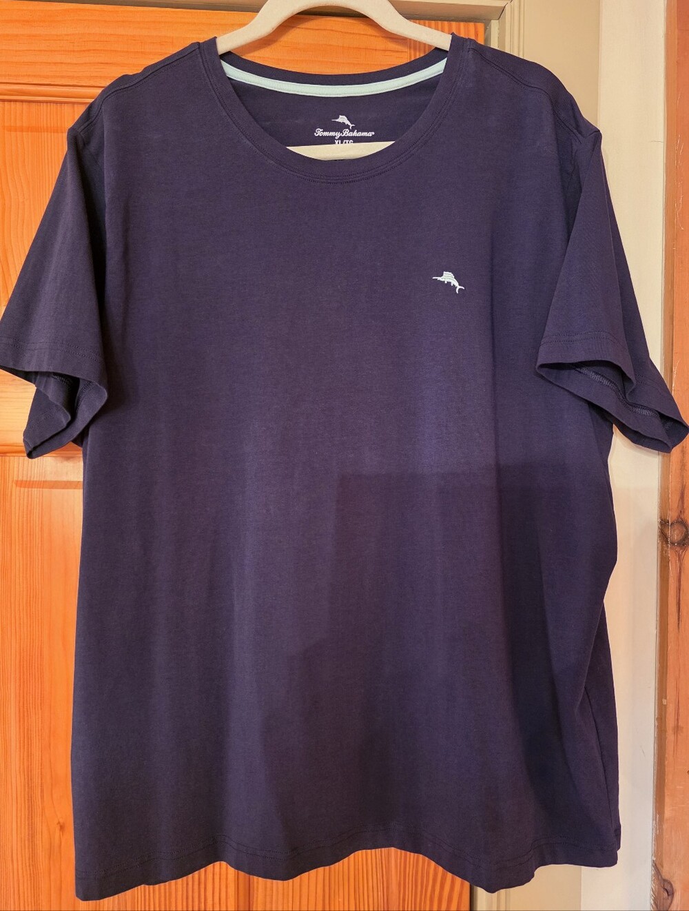 Tommy Bahama Deep Navy Short-Sleeve Crew Tee with Teal Logo and Trim.